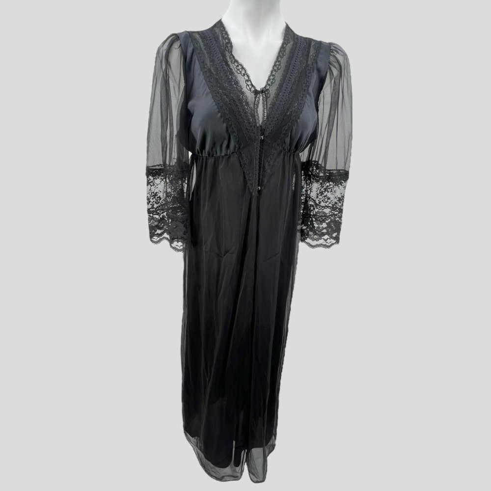 Vintage 60s 70s Peignoir Set  Black Nylon Lace Trim Full Length
